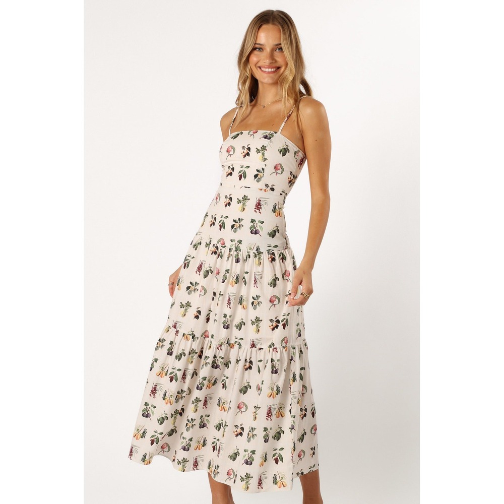 NWT Petal + Pup Botanique Fruit Print Midi Dress Floral Cotton Tiered M